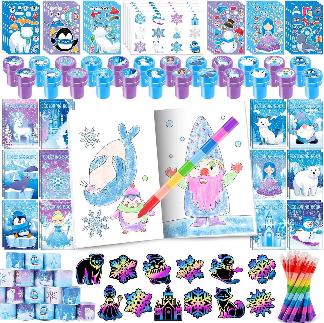 BenLouis 192pcs Frozen Party Favors Set for Kids Winter Snowflake Coloring Book Christmas School Classroom Gift Reward Prize Crafts Bulk for Students Frozen Birthday Goodie Bag Stuffers Supplies