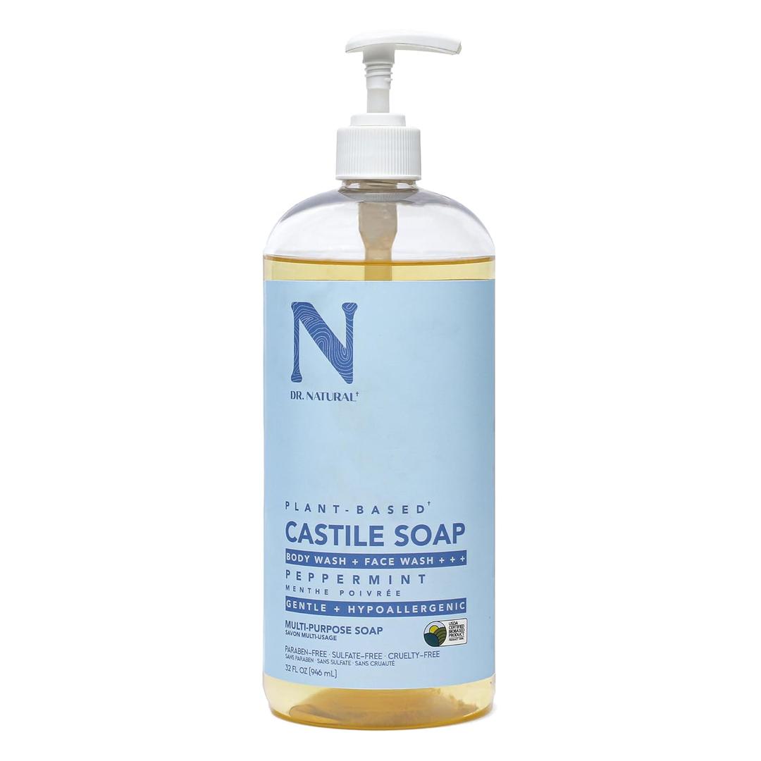 Dr. Natural Castile Liquid Soap, Peppermint, 32 oz - Plant-Based - Made with Organic Shea Butter - Rich in Coconut and Olive Oils - Sulfate and Paraben-Free, Cruelty-Free - Multi-Purpose Soap