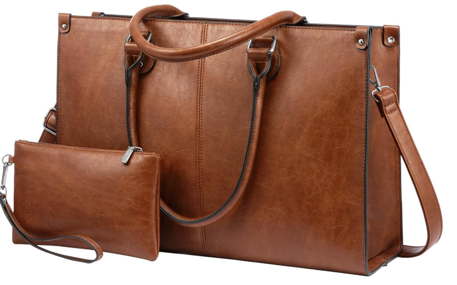 LOVEVOOK Laptop Tote Bag for Women, 15.6 Inch Large Capacity Vintage Leather Work Computer Bag, Business Casual Shoulder Handbag, Dark Brown