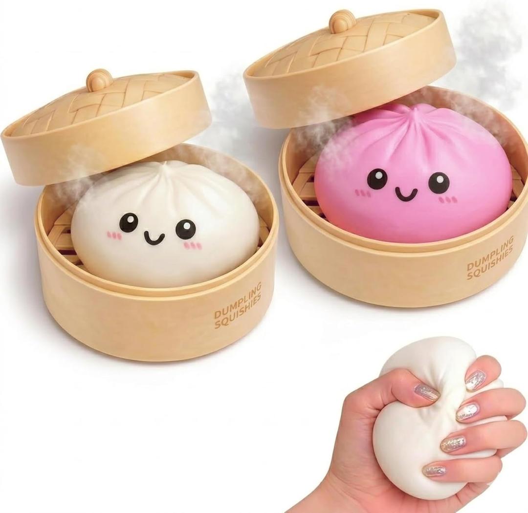 Dumpling Squishy Mystery Box 2 Pcs - 2026 Upgraded Dumplings Squishes for Adults Teens Squeeze Easter Basket Stuffers & Stocking Stuff Smiling Pink and White
