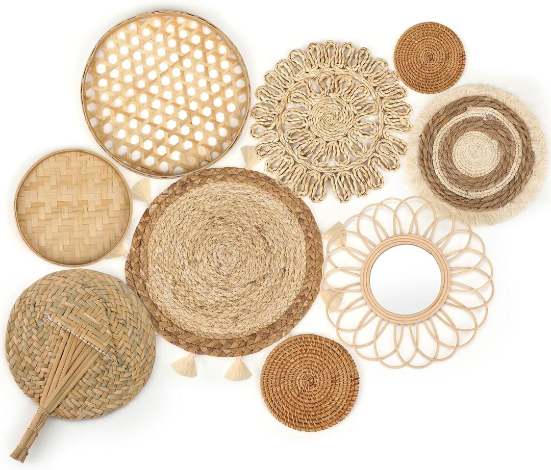 Unittype Set of 9 Wall Basket Decor Boho Hanging Rattan Wall Decor Flat Round Wicker Mirror Woven Macrame Tassels Tapestry Bamboo Basket Handmade Serving Tray Art for Room Bedroom Living Room