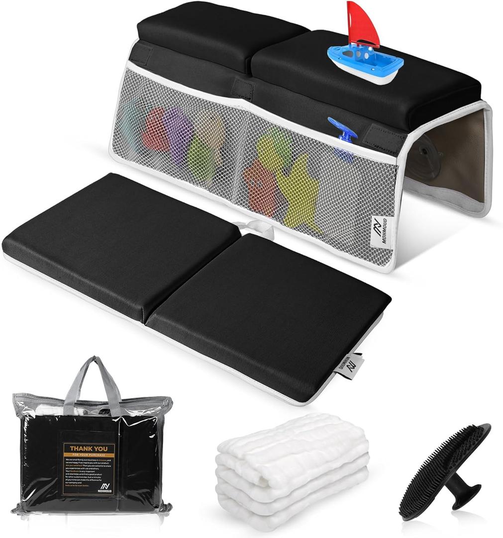 Baby Bath Kneeler & Elbow Rest Pad Set | Extra Thick 1.5 Foam That Relieves Knee & Elbow Pressure | Non-Slip Suction Stability | Machine Washable, Quick-Dry | Brush & Washcloth Gift Included (Black)