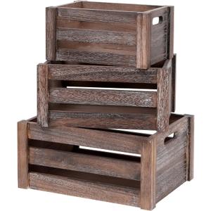 Large Vintage Brown Wooden Crates For Dispaly,Set Of 3 Wood Crates With Handles,Rustic Handmade Wood Boxes For Storage Or Display,Solid Wood Decorative Boxes (Rustic Brown)
