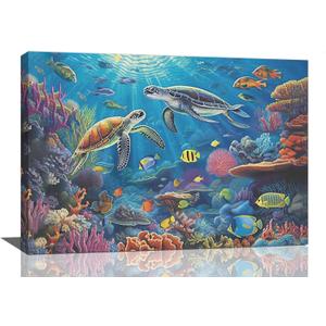 Sea Turtle Wall Art Marine Theme Ocean Pictures Wall Decor Colorful Fish Coral Beach Canvas Painting Prints Artwork Modern Home Decoration Framed for Living room Bedroom Bathroom Office 16"X24"