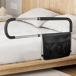 Bed Rails for Elderly Adults Safety, Stainless Steel Bed Assist Rail with Adjustable Side Railings for Seniors Bedside Fall Prevent Grab Bar with Storage Pocket, Fits King Queen Full Twin Bed