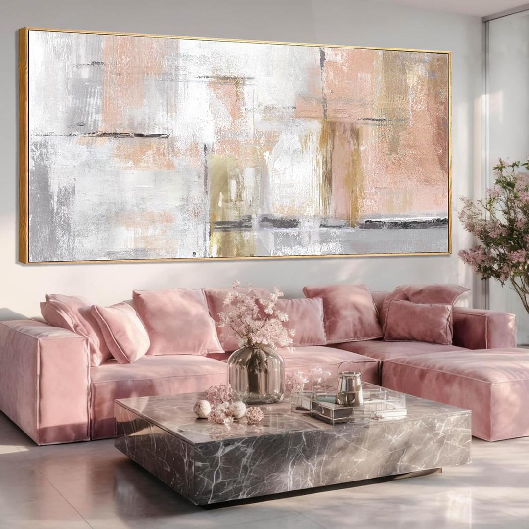SOUGUAN Contemporary Home Wall Decor Pink and White Canvas Painting Abstract Wall Art 32"x70" Decorations for Bedroom Kitchen Artwork