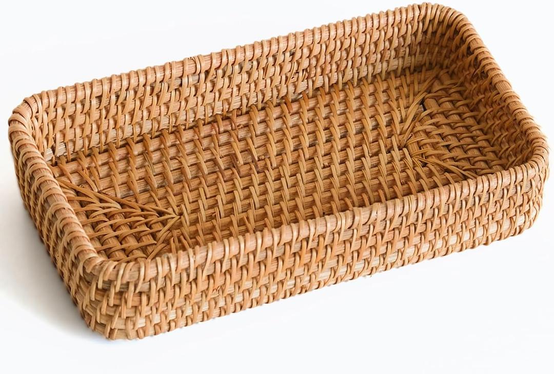Small Rattan Serving Tray, Woven Rectangle Traykey Bowl for entryway, Natural Wicker Trays Key Bowl Decorative Baskets for Coffee Table, Kitchen, Bathroom