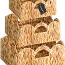 Elegant Scalloped Wicker Basket Set with Handles - Set of 3 | Handwoven Water Hyacinth Baskets for Nursery, Bathroom, Living Room Decor, Scalloped Edge Basket Shelf Decorative (Water Hyacinth)