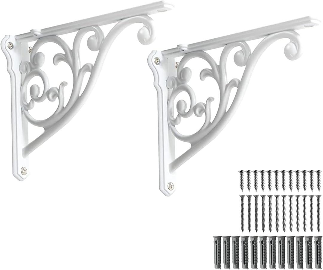 2 Pack 8 Inch Shelf Brackets, White Shelf Brackets,Metal Bracket for Shelves Ornate Heavy Duty Decorative Wall Brackets for Shelves (2, White)