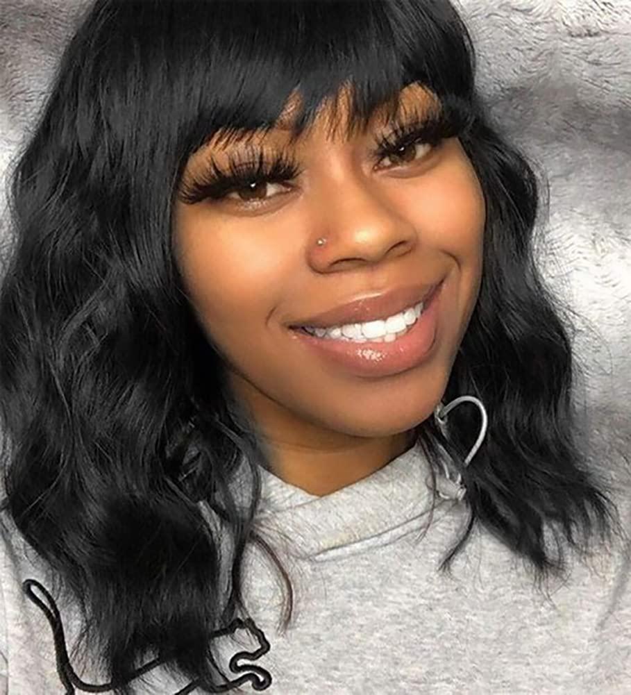 Black Wig with Bangs Wig for Women 12in Short Bob Wavy Curly Wig Natural Black Hair Wigs Heat Resistant Hair Replacement Wigs (12'' Natural Black 1B)