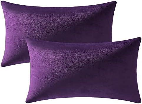 DEZENE 12x20 Throw Pillow Cases Purple: 2 Pack Cozy Soft Velvet Rectangular Decorative Pillow Covers for Farmhouse Home Decor