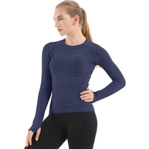 MathCat Seamless Workout Shirts for Women Long Sleeve Yoga Tops Sports Running Shirt Breathable Athletic Top Slim Fit (Large, Navy)