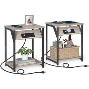VASAGLE End Table with Charging Station, Set of 2, Small Side Tables for Living Room, Bedroom, Nightstand with Outlets and USB Ports, Bedside Table with Storage Shelf, Heather Greige and Black