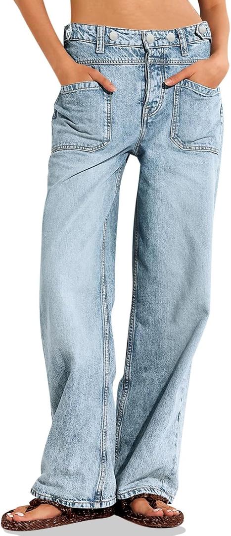 PLNOTME Womens Cuffed Wide Leg Jeans Boyfriend Casual Mid Rise Denim Pants with Pockets (10, Light Blue)