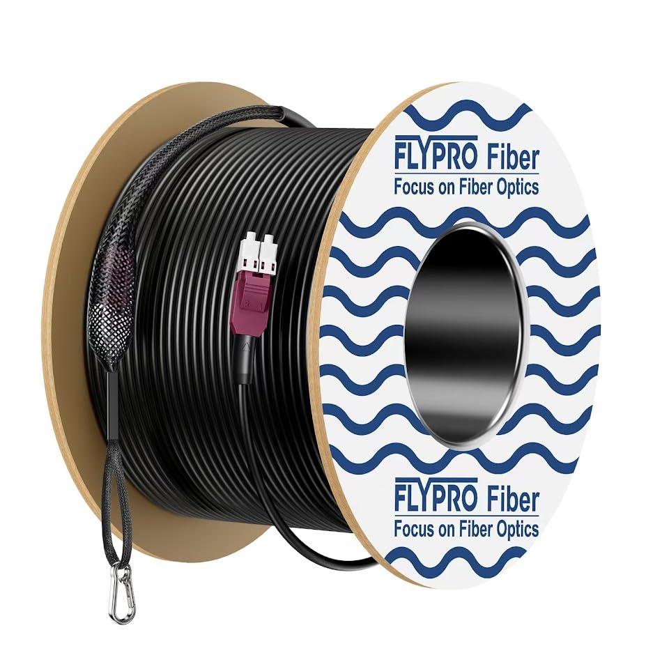 FLYPROFiber- OM4 Outdoor Fiber Optic Patch Cable 200m/656ft, OM4 LC to LC Armored Fiber with Pulling Eye Kit, Direct Burial, Industrial TPU, 40G/100G, 50/125um, Uniboot Duplex Multimode, OD-5mm