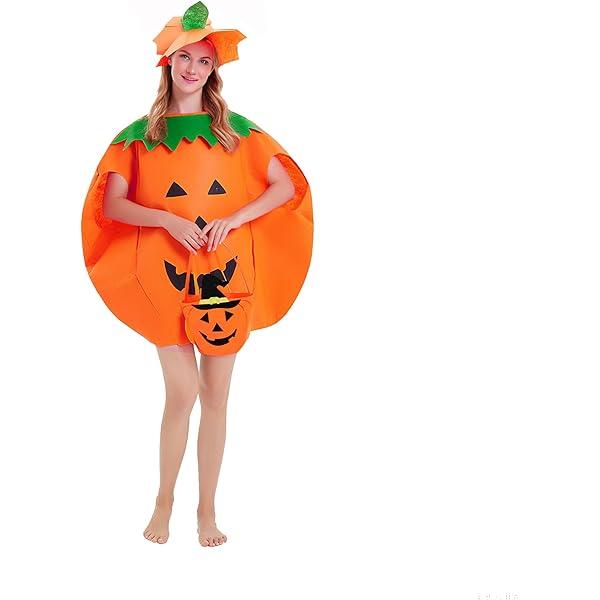 Halloween Kids Pumpkin Costume Set with Poncho, Hat and Treat Bag for Toddler Kids Youth