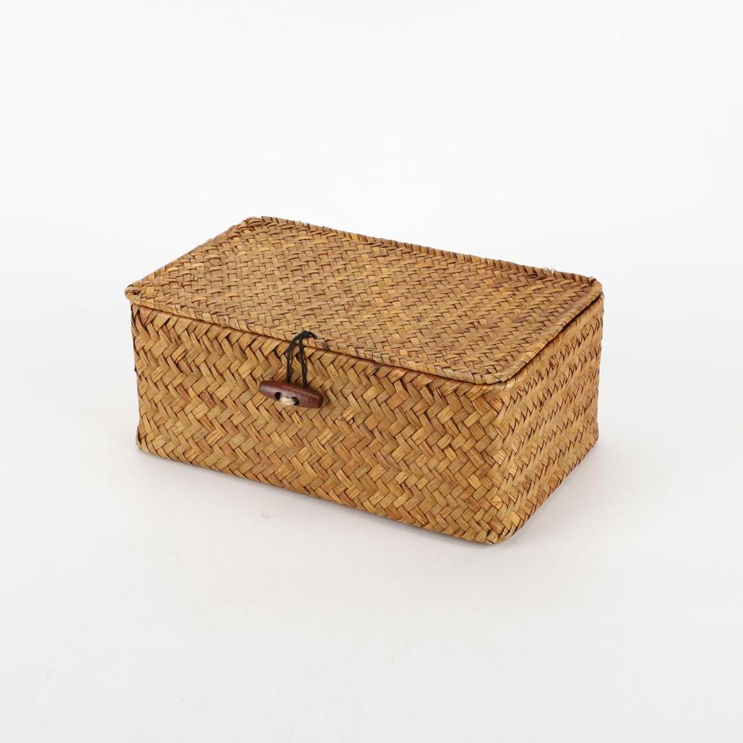 YRHOME Seagrass Rattan Basket Storage with Lid, Natural Hand-woven Rectangular Household Basket Bins for Organizer Boxes Shelf Desk (Original 10.2D X 6.7W X 4.3H)