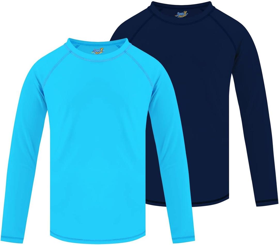 2 Pack Boys Rash Guard Swim Shirt Long Sleeve UPF+ 50 Sun Swimwear for Toddler Kids Rashguard Water Swimming Shirts (7-8 Years, Blue & Navy Blue)