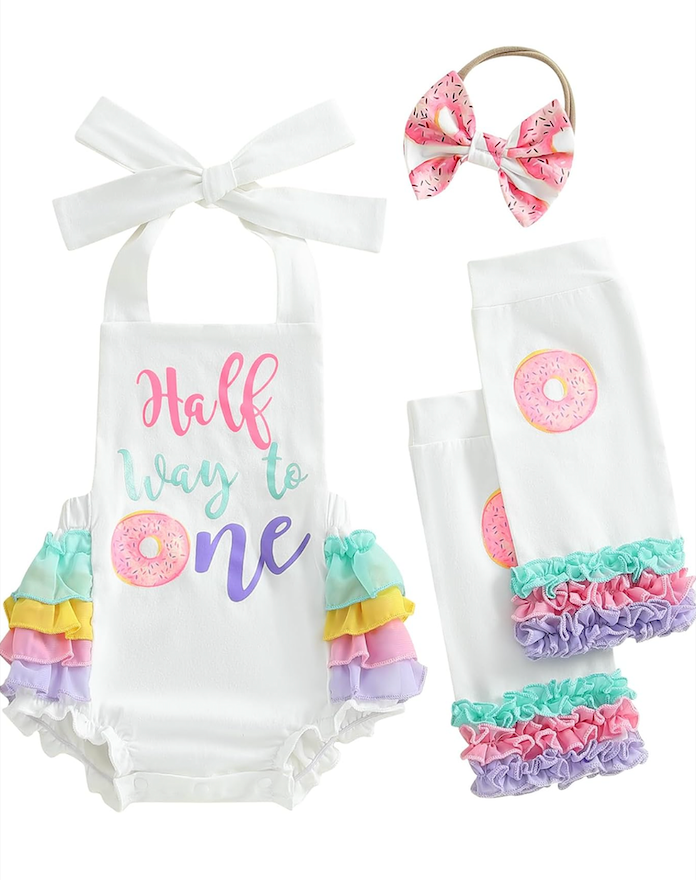 Baby Girl Half Birthday Outfit Half Way to One Donut Ruffle Romper Headband Leg Warmers 6 Month Birthday Set 3-6 M