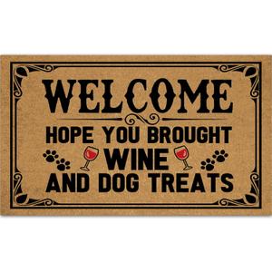 Outdoor Doormats for Entrance Way Outdoors, Hope You Brought Wine & Dog Treats Funny Indoor Welcome Mats for Front Door 30" X 18" Size, Personalized Holiday Door Mats Outside