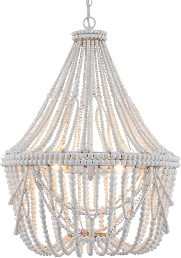 20 Bohemia Large Wood Beaded Chandelier Coastal French Country Chandelier Farmhouse Antique Pendant Light for Living Room Kitchen Island Dining Bedroom, Distressed White, UL Listed