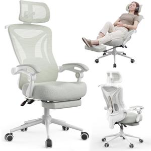 Ergonomic Office Chair with Footrest - Adjustable Lumbar Support & Headrest, 90-160 Reclining Mesh Back Computer Chair - Home Office/Gaming, 350lbs Capacity (Light Grey)