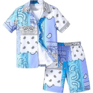 SOLY HUX Boy's Summer 2 Piece Outfits Boho Paisley Print Short Sleeve Button Down Shirt and Shorts Set (Blue)