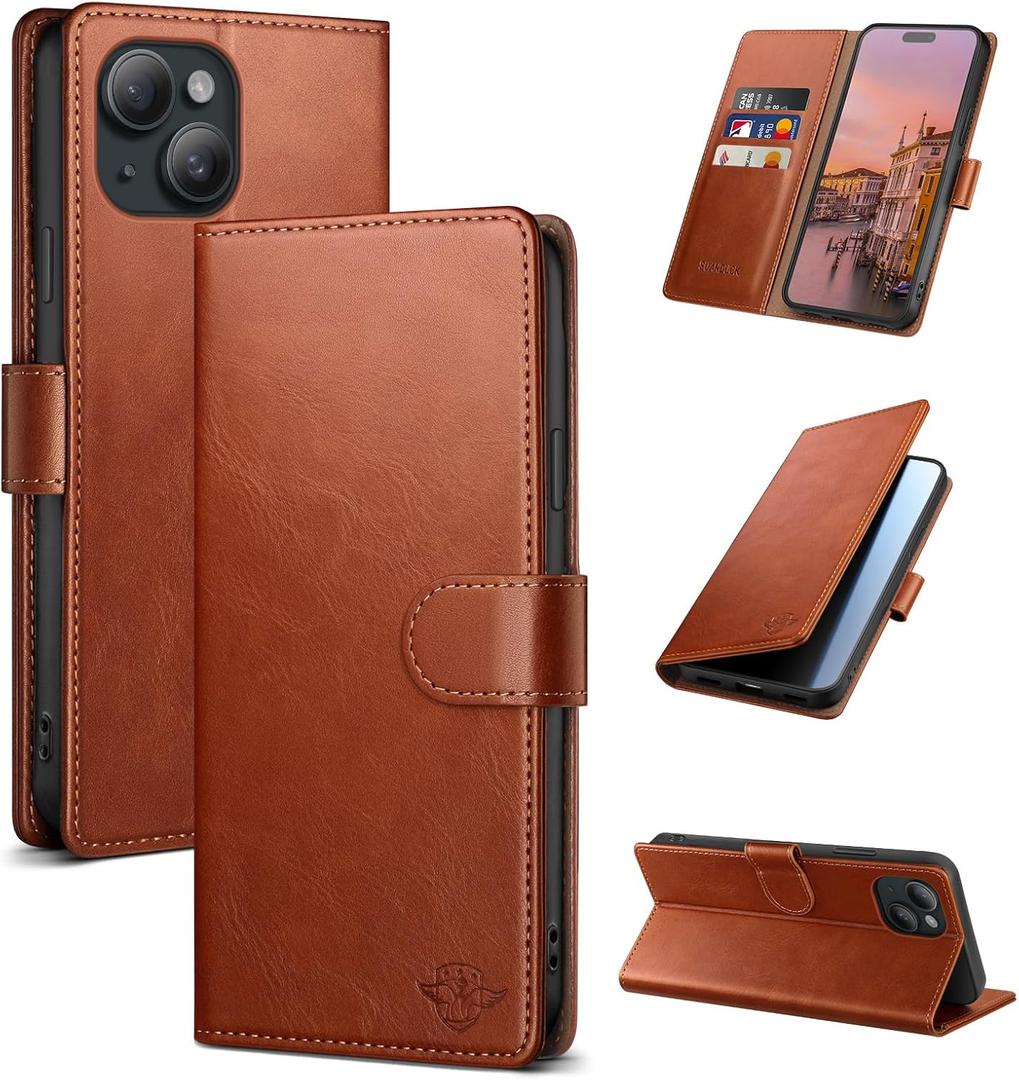 Wallet Case for iPhone 15 6.1" with RFID-Blocking Credit Card Holder, PU Leather Folio Flip Cover Women Men Protective Phone Case Compatible with Apple 15, Light Brown