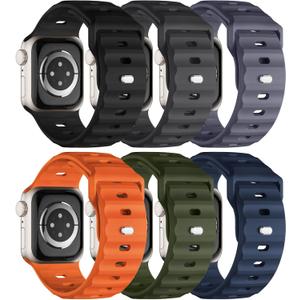 Sport Bands 6-Pack Compatible with Apple Watch Ultra 3/2 Band 49mm 46mm 45mm 44mm 42mm, Wide Soft Silicone Wristbands Waterproof Strap Men for iWatch Series 11 10 9 8 7 6 5 4 3 SE Ultra (Black/Dark Gray/Orange/Army Green/Navy Blue/Blue Gray)