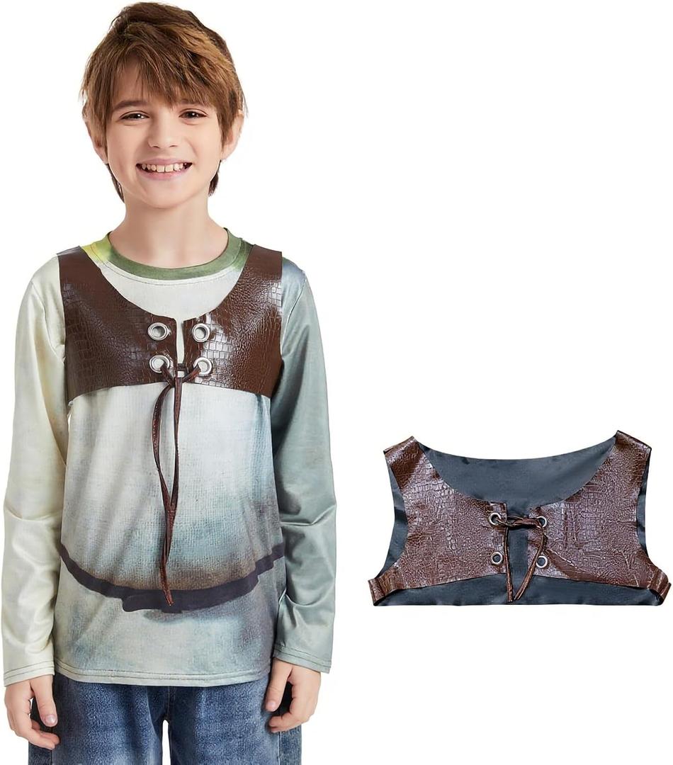 ATAMET Monster Costume Halloween Kids Long Sleeved T-shirt Front and Back Printed Three Piece Set, with Vest and Headband (Green, X-Large)