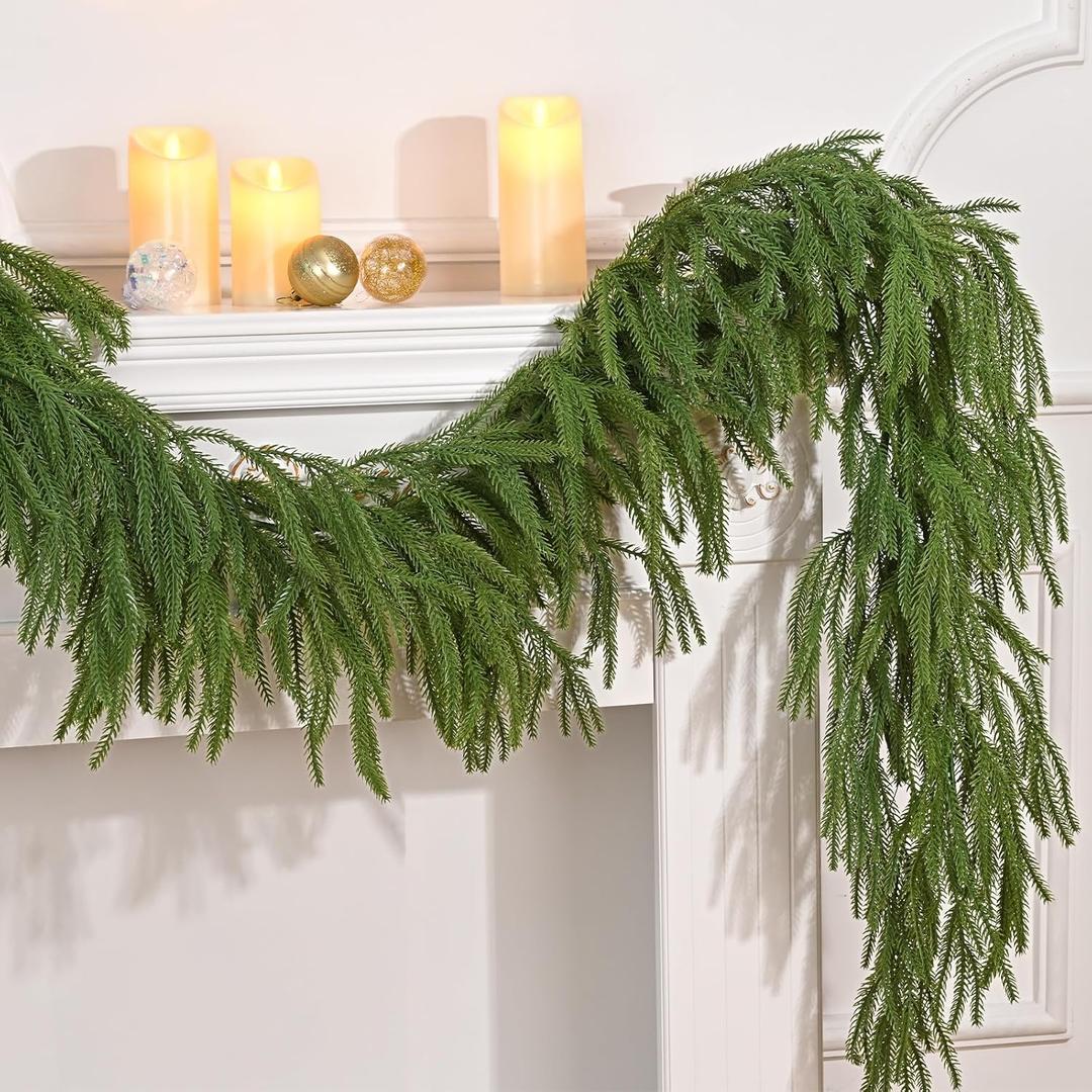 MARTINE MALL Christmas Garland, 6FT Real Touch Norfolk Pine Garland, Cedar Garland Christmas Garlands for Mantle Christmas Pine Garlands for Front Door Fireplace Table (1PCS)