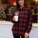 Christmas Plaid Blouses Women Xmas Santa Long Sleeve Shirt Checked Cute Christmas Collared Button Down Tops (Large, Red Black Merry)