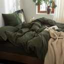 FOSSA Duvet Cover Set 100% Washed Cotton Linen Feel Super Soft Breathable Cozy 3 Pieces Bedding Sets Solid Olive Green Queen