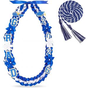 Thiccywoov Graduation Ribbon Lei Class of 2026 Grad Lei Kit Graduation Double Braided Necklace with Honor Cord for Graduate Women Men High School College Grad Party Supplies(Blue, White)