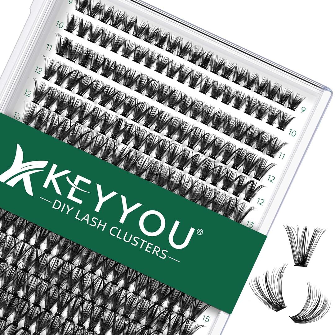 KEYYOU Lash Clusters 300pcs Individual Lashes, 40D 0.07D Curl 9-18MIX DIY Eyelash Extension, Soft & Natural Volume Cluster Lashes with Large Tray