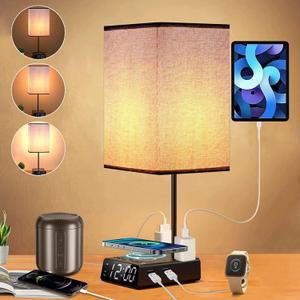 Bedside Lamp with USB Ports & AC Outlets, 15W Wireless Charger Table Lamp with Clock, 3 Way Dimmable Nightstand Lamps for Bedroom Living Room,Touch Lamp with Charging Station,Grey Shade & Black Base (Square)