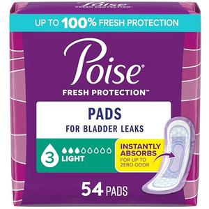 Poise Incontinence & Postpartum Pads for Bladder Leaks, 3 Drop Light Absorbency, Regular Length, 54 Count