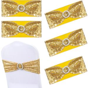 ISKYBOB Set of 12 Sequin Chair Sashes, Spandex Stretchy Chair Covers Glitter Chair Band with Buckle Decorative Bows Ties for Wedding Party Supplies, Gold