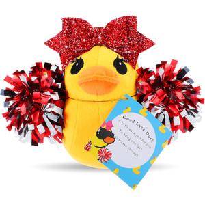 Lenwen Cheer Duck Gift with Pom Poms Bow 8 Inch Duck Plush Senior Cheerleader Gifts Team Support Gift for Senior Night Gifts Cheer Competition Day Must Have