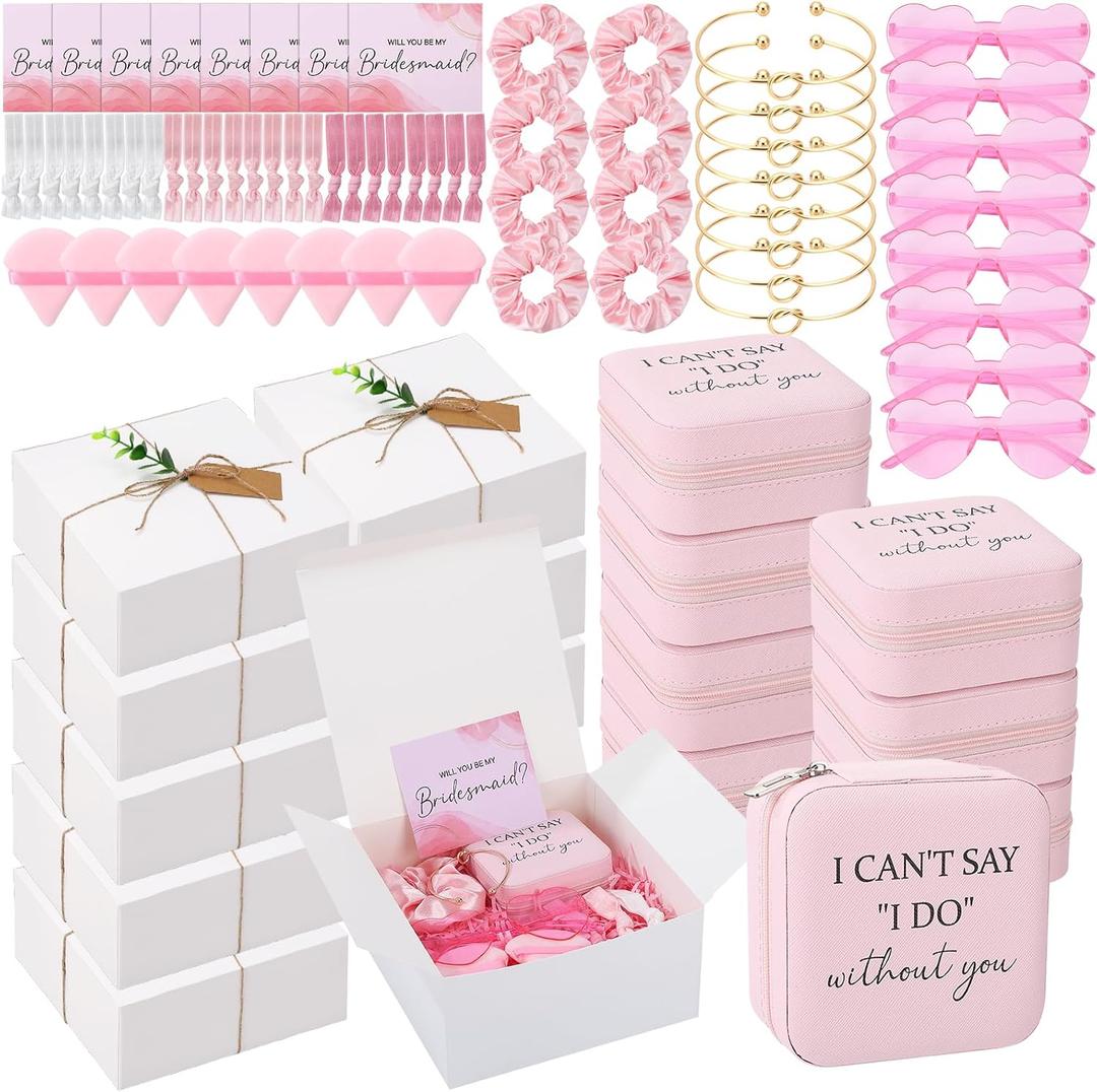 81 Pcs Bridesmaid Proposal Gift Jewelry Box Including Bridesmaid Bridal Hairband Sunglasses Powder Puff Bridesmaid Cards Gift Box for Wedding Pink