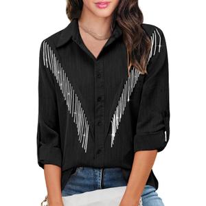 Daacee Womens Sparkle Fringe Tops Rhinestone Tassel Button Down Rolled Long Sleeve Shirts Western Cowgirl Concert Outfits (Medium, Black)