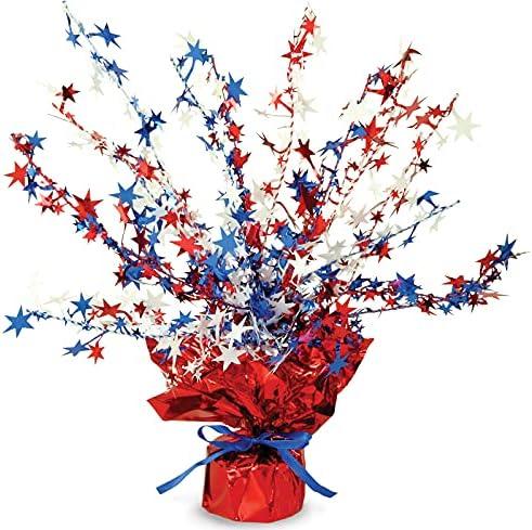 Beistle Patriotic Star Gleam ‘N Burst Centerpieces, 2-Count, Red/White/Blue Metallic Table Decor for Independence Day & American Memorial Day Parties, USA Decor, 15”