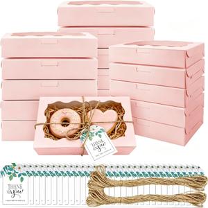 40 Pack Cookie Boxes with Clear Window, 7 x 4 3/8 x 1 Inch Small Pink Kraft Candy Boxes Premium Pastry Boxes with Tags Ropes for Cookie Packaging, Dessert, Donuts, Pie, Cupcakes, Parties