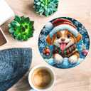 PEACHGARDEN Christmas Puppy Santa Hat Plaid Scarf Round Tin Sign Front Door Wreath Sign Wall Decoration Snowflakes Ornaments for Holiday Home Decor 8x8inch