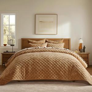 EVERGRACE Luxury Velvet Quilt Set King Size, Diamond Quilted Lightweight Velvet Comforter for All Season, Ultra Soft Oversized Bedspread Coverlet Bedding Set with 2 Pillow Shams, Gold Caramel | Luxe Velvet, Soft, Opulent Sheen, Beautiful Colors, Oversized, Oeko-Tex Certified