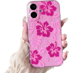Lovmooful Compatible for iPhone 16 Case Cute Clear Hibiscus Flower Floral Aesthetic Printed Design for Girls Women Soft TPU Shockproof Protective Girly for iPhone 16-Hot Pink