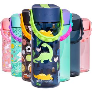 Elemental Water Bottles for Kids - Splash Kids Water Bottle for School with Pop-it Handle - BPA Free Tritan Plastic Water Bottle with Straw Leak Proof when Spout is Closed - Dinosaur- 18oz