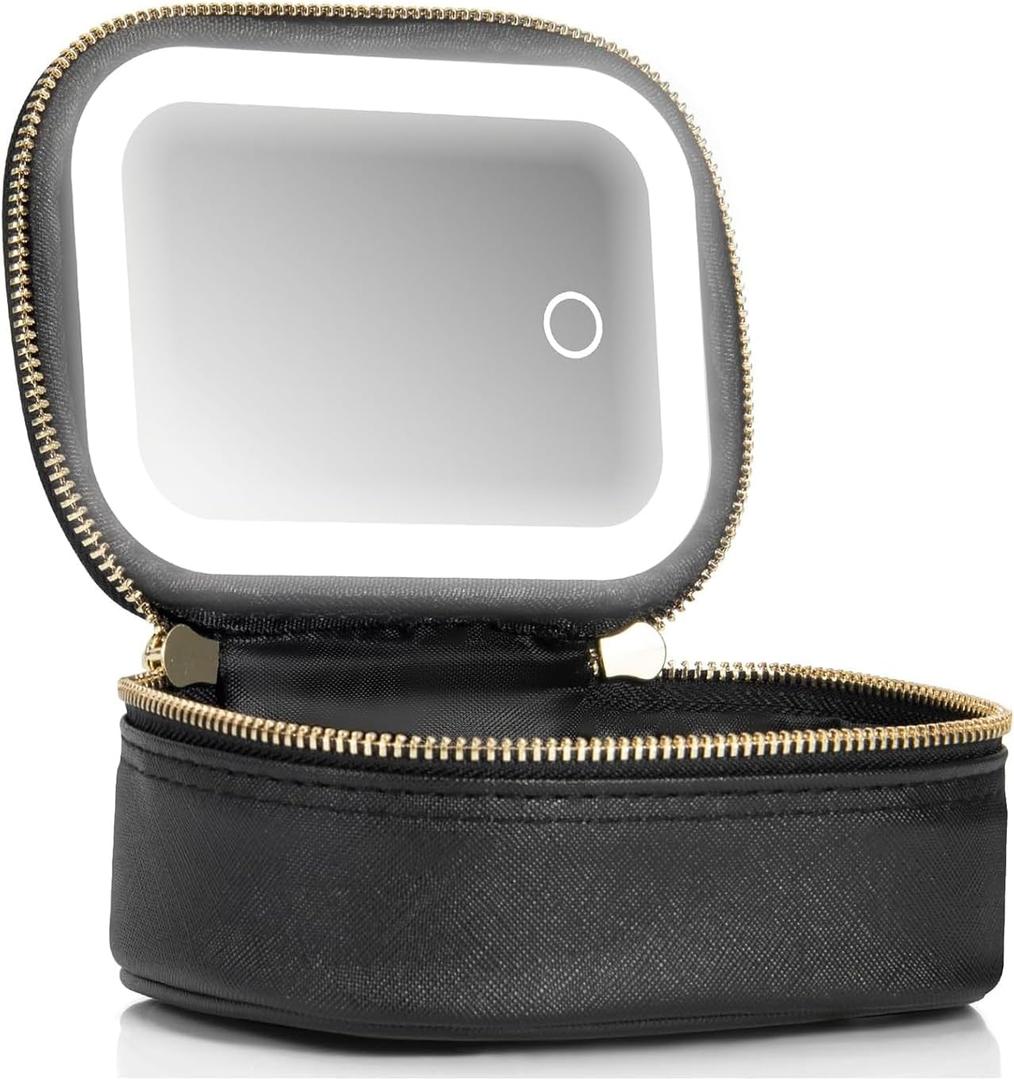 Mini Makeup Bag with Led Mirror, Small Travel Make up Bag 3 Light Modes Adjustable Brightness, for Women Organizer Cosmetic Bag, Portable Travel Train Toiletry Bag, for Pool Parties Work Touch-Ups (Black)