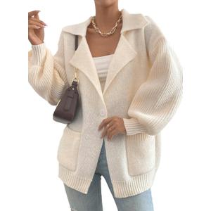 SHEWIN Women Open Front Knit Sweater Oversized Cardigan with Pocket (Pink, M)