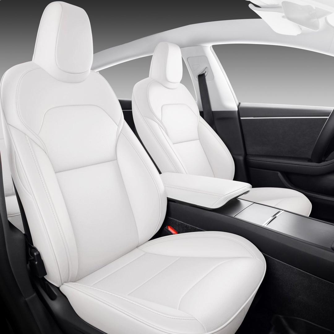 Front Seat Covers for 20252026 Tesla Model Y Juniper, Nappa Leather Custom Fit Front Row 2-Piece Set, Airbag Compatible Car Interior Seat Cushion Covers, White, 2-Pack
